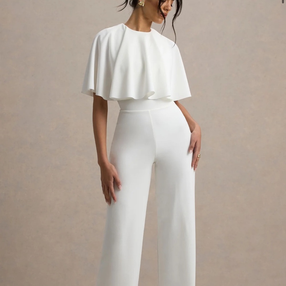 Club L London White Capelet Jumpsuit for Formal Occasions